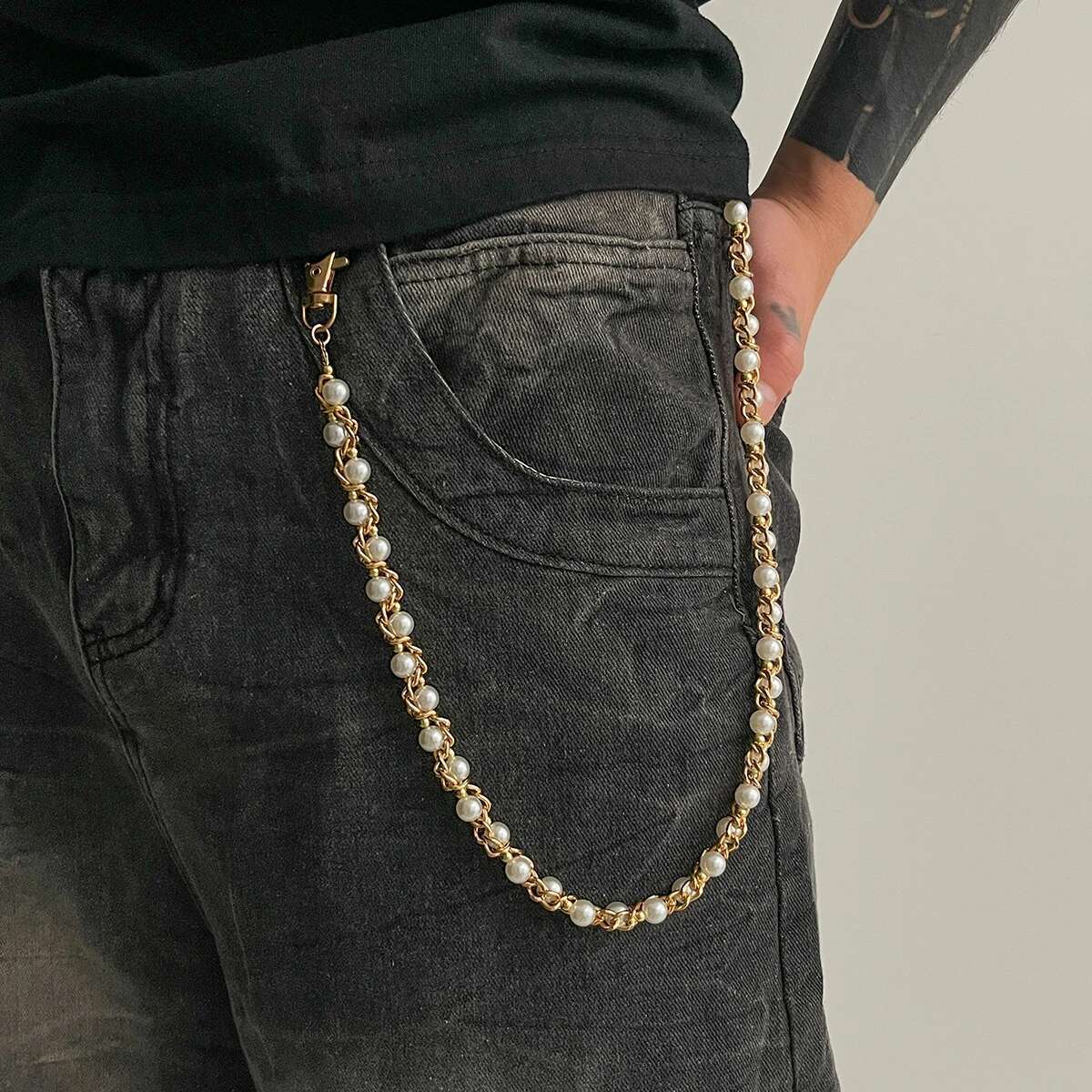 Women Bags Jeans - Ingemark Punk Imitation Pearl Trousers Hipster